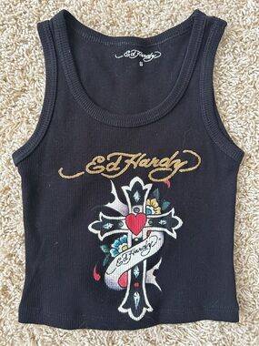 Ed Hardy Black Tank Top with Gold Logo and Multicolor Cross Graphic Size S
